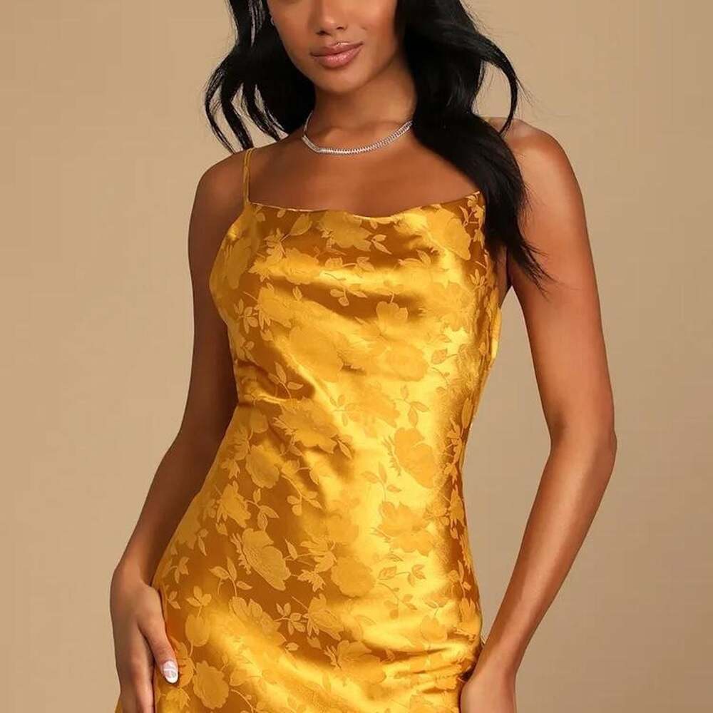 Lulus Close to Your Heart Golden Yellow Satin Jacquard Cowl Slip Dress